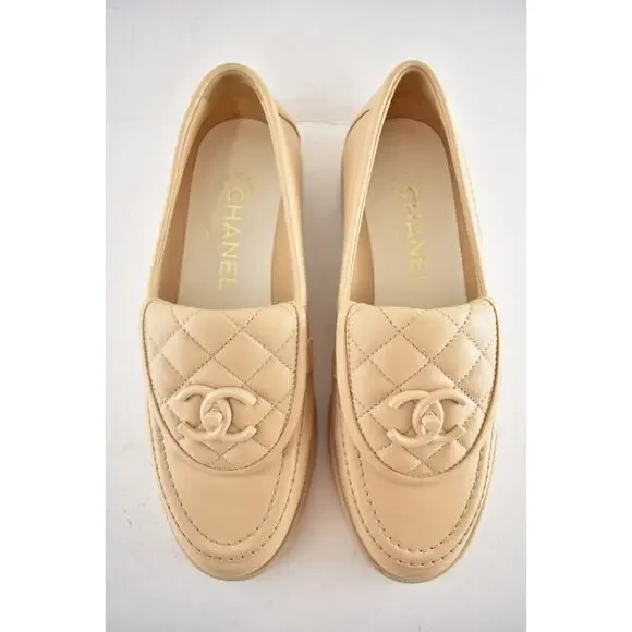 Chanel 24C Beige Leather Quilted Flap Turnlock CC Logo Moccasin Flat Loafer 38.5 - Picture 13 of 16